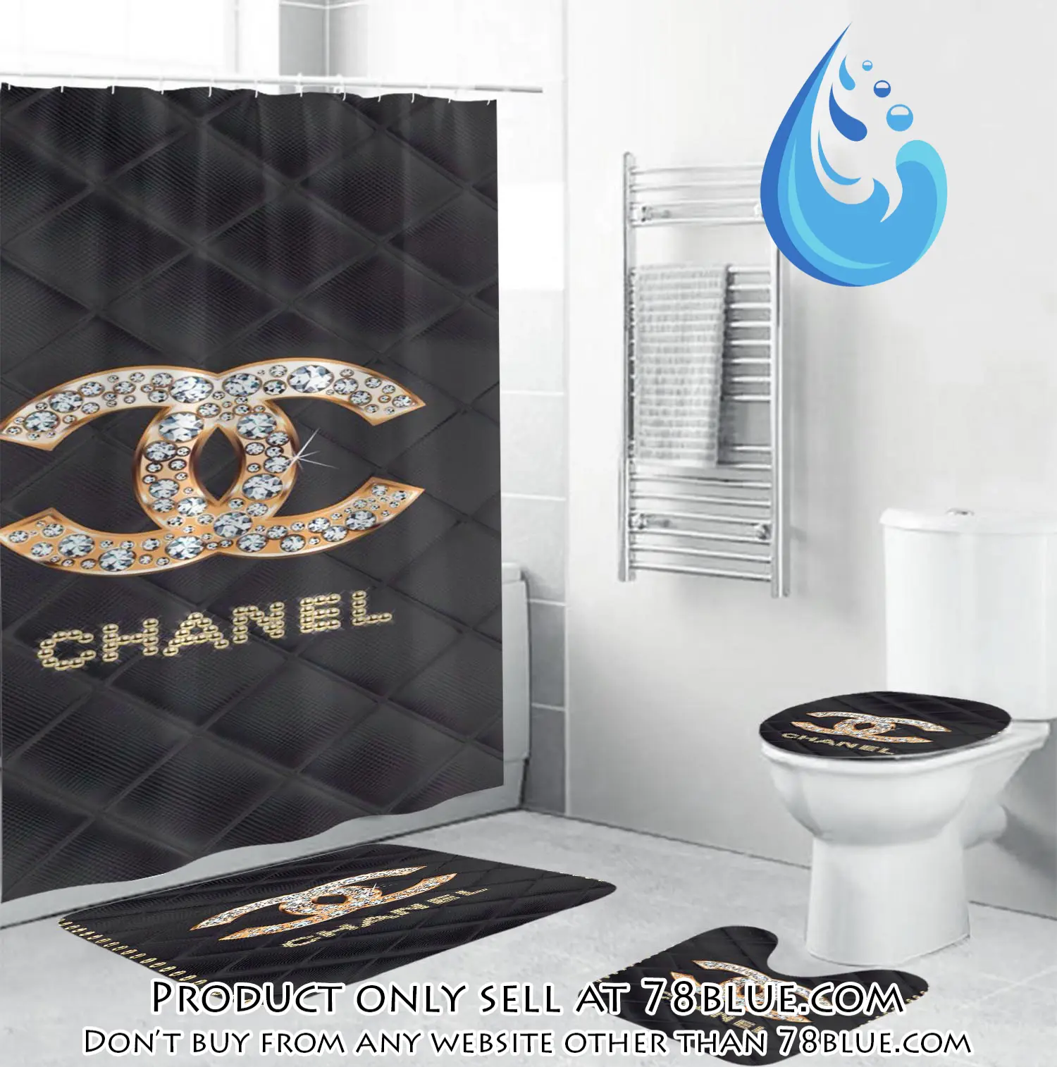 Coco chanel golden logo with full of diamonds in argyle background bathroom set shower curtain 78b5443751